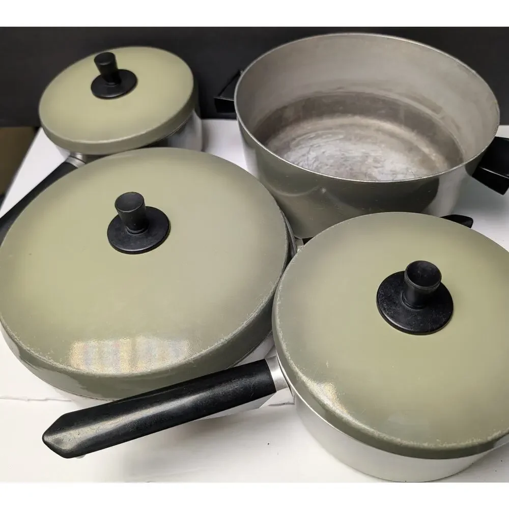 Vtg Kitchen Delight Avocado Cookware Aluminum 7pc Set USA Mid-Century 70s Retro